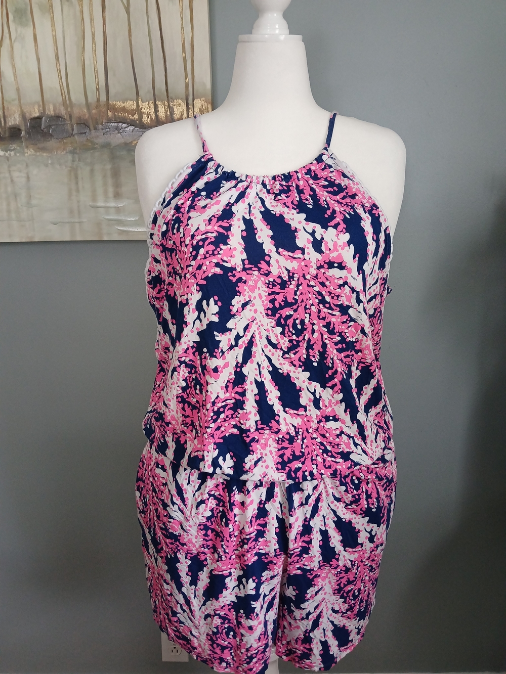 Lilly Pulitzer Navy Pink White Printed Halter Romper